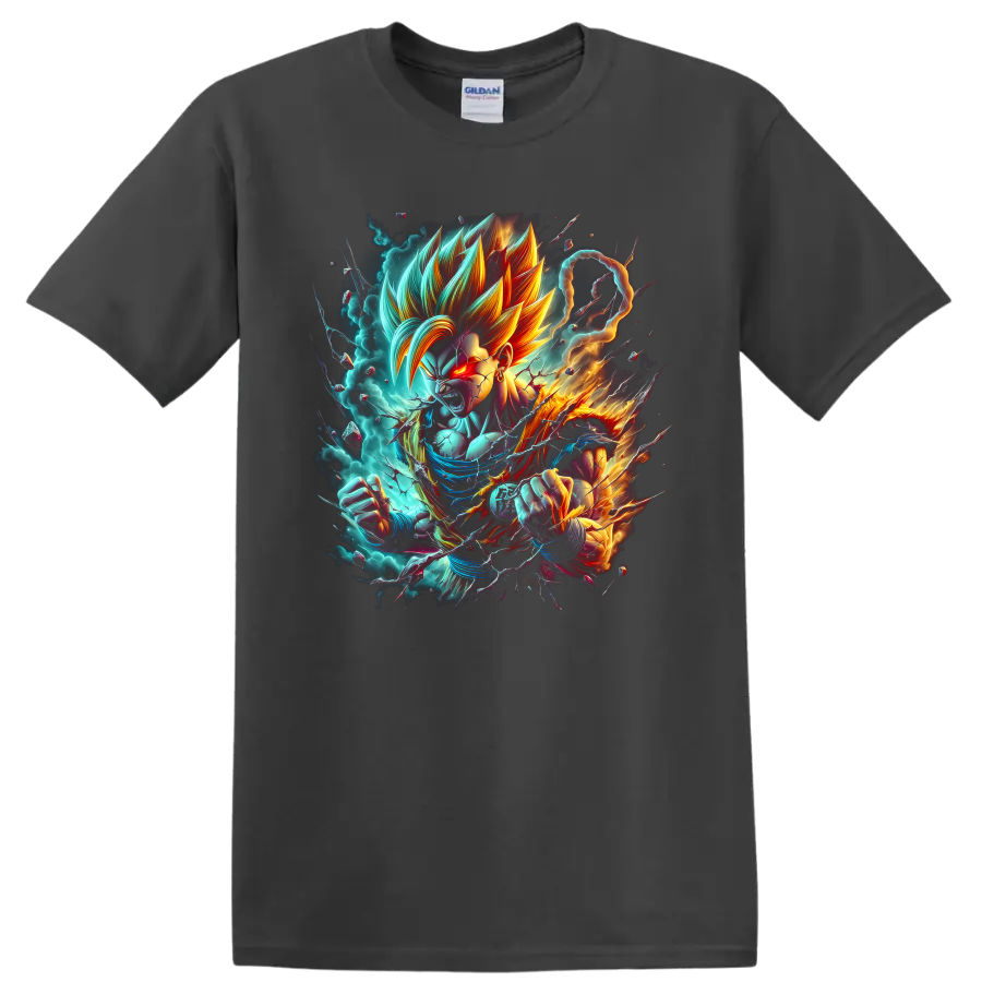 Goku Ultra Instinct anime fighter with turquoise energy aura and fiery action effects on a Charcoal T Shirt
