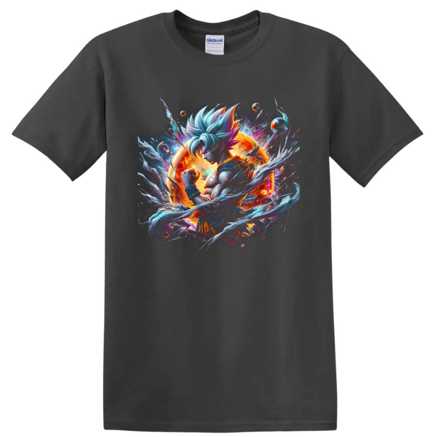 Goku Ultra Instinct cosmic anime warrior graphic with orange energy and swirling effects on a Charcoal T Shirt