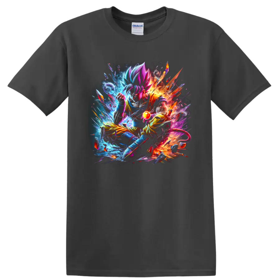 Goku Ultra Instinct in explosive blue and orange anime battle art with energy orb on a Charcoal T Shirt