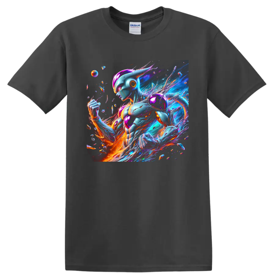 Metal Cooler cybernetic warrior in vivid cosmic neon anime art on a Charcoal T Shirt