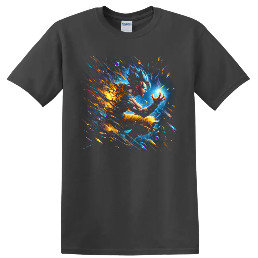 Goku Ultra Instinct cosmic energy graphic with glowing power sphere and lightning on a Charcoal T Shirt