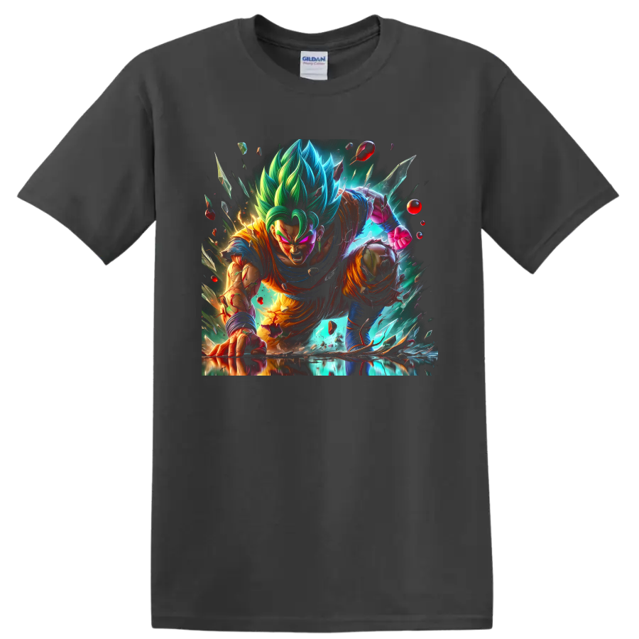 Vegito Blue charging through an explosive anime battle with shattered energy fragments on a Charcoal T Shirt