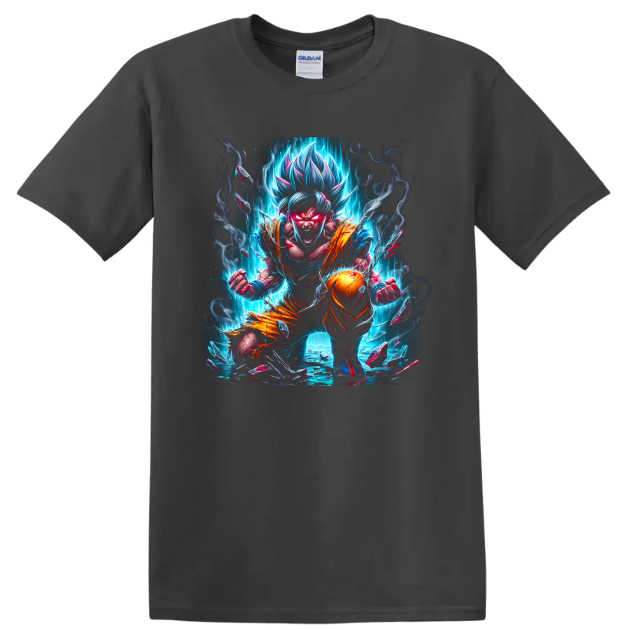 Goku Ultra Instinct anime fighter with blue energy aura and orange battle outfit on a Charcoal T Shirt