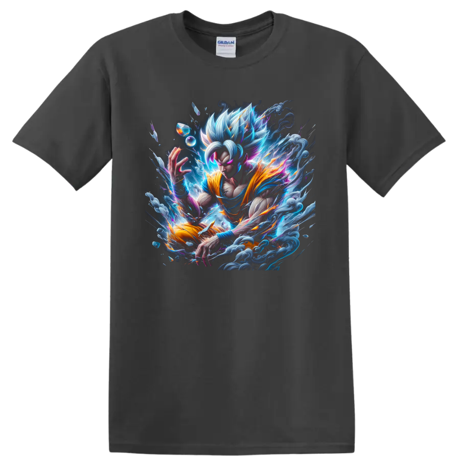 Goku Ultra Instinct anime warrior graphic with silver hair and cosmic energy on a Charcoal T Shirt