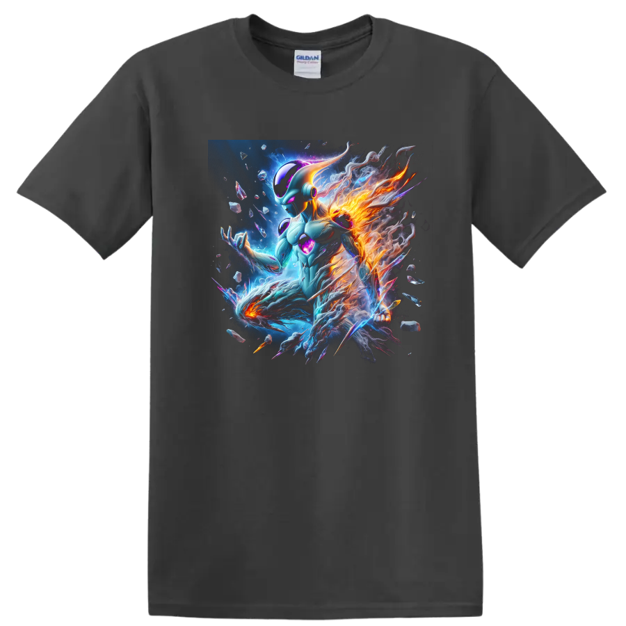 Frieza cosmic anime warrior with blue energy and fiery orange flames on a Charcoal T Shirt