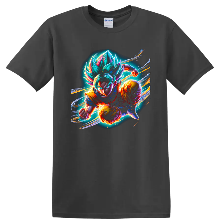 Goku Super Saiyan Blue cosmic anime action graphic with glowing energy trails on a Charcoal T Shirt