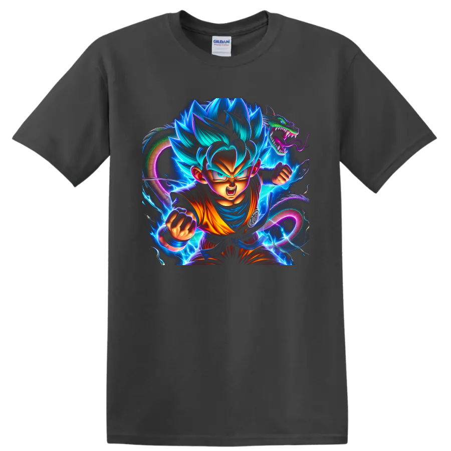 Goku Super Saiyan Blue and Shenron in electric Dragon Ball Super action art on a Charcoal T Shirt