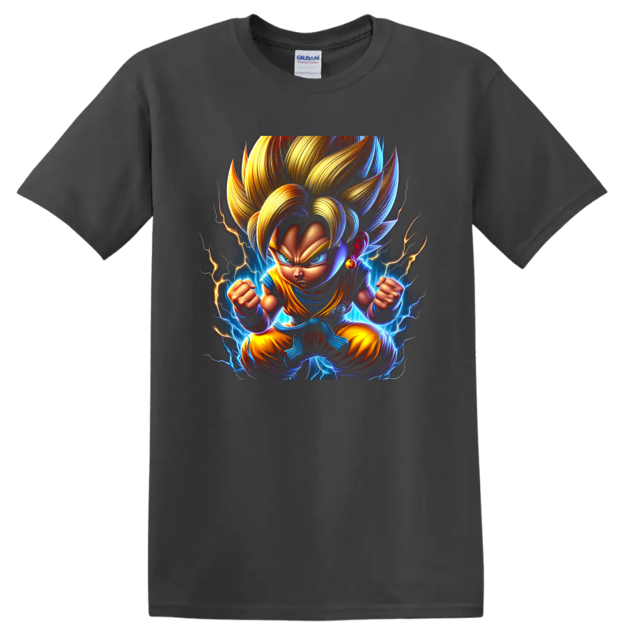Super Saiyan Goku Dragon Ball Daima style anime fighter with lightning aura on a Charcoal T Shirt