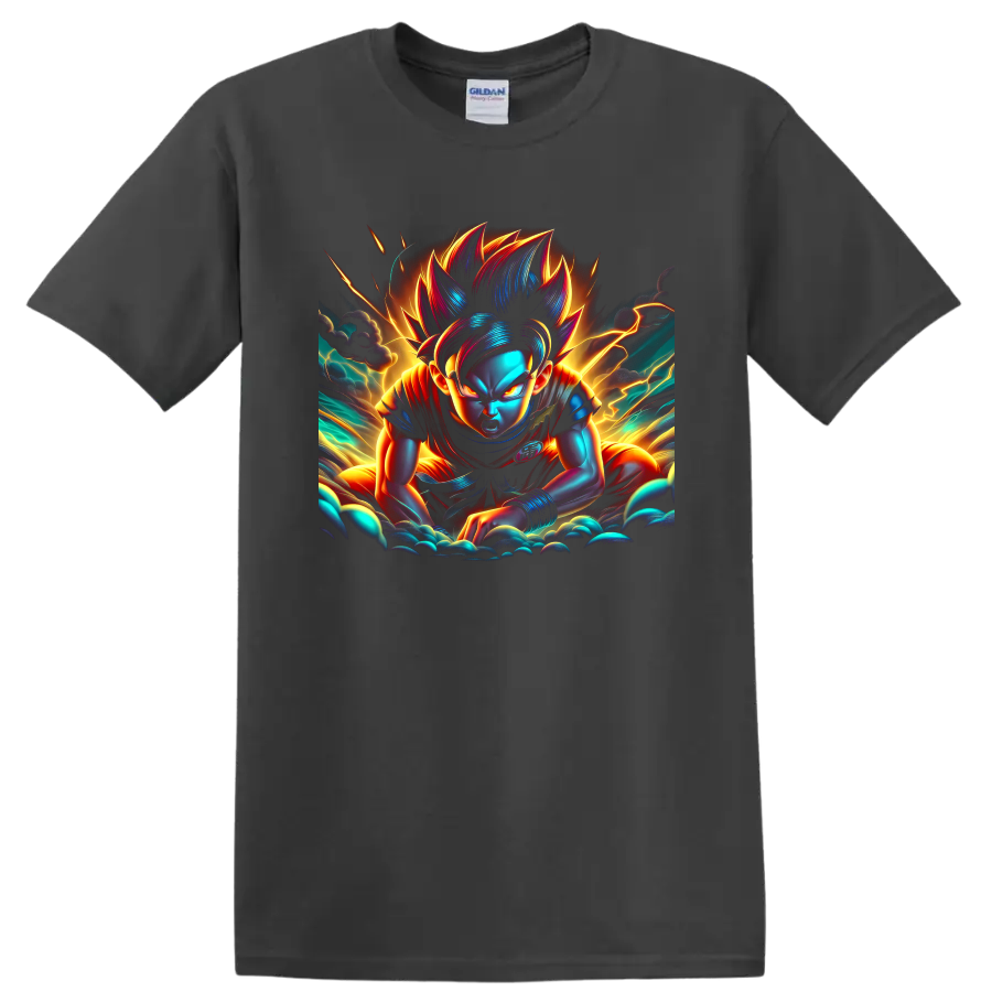 Goku Ultra Instinct anime warrior graphic with neon lightning and storm clouds on a Charcoal T Shirt