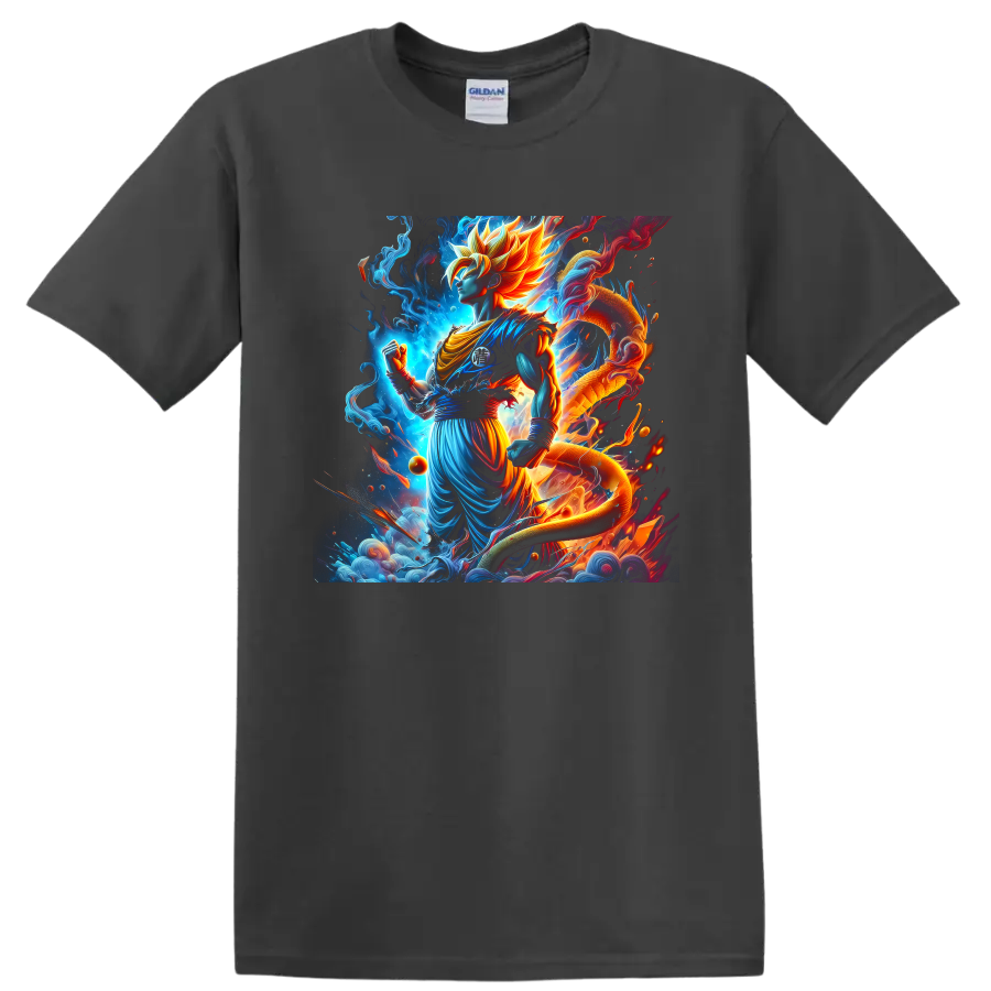 Goku Ultra Instinct anime warrior with cosmic dragon and glowing energy art on a Charcoal T Shirt