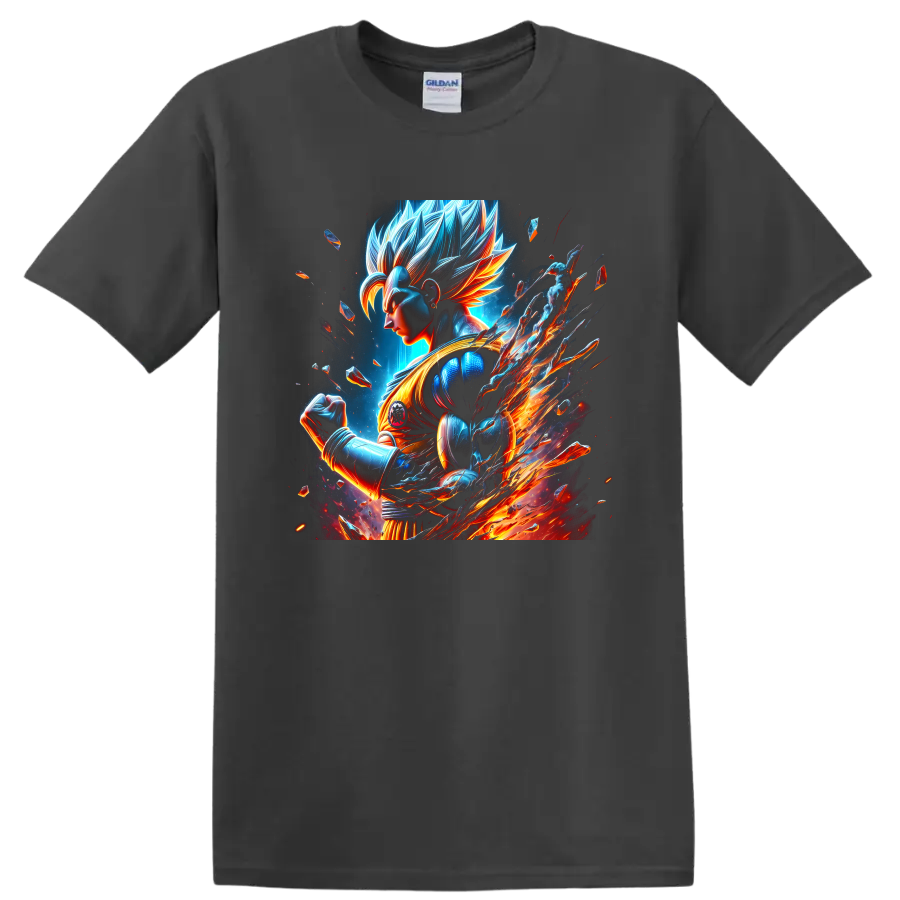 Goku Ultra Instinct cosmic anime warrior graphic with blue energy and fiery trails on a Charcoal T Shirt