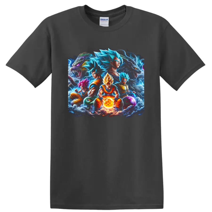 Goku and Vegeta Dragon Ball battle graphic with dragons, lightning, and Dragon Balls on a Charcoal T Shirt