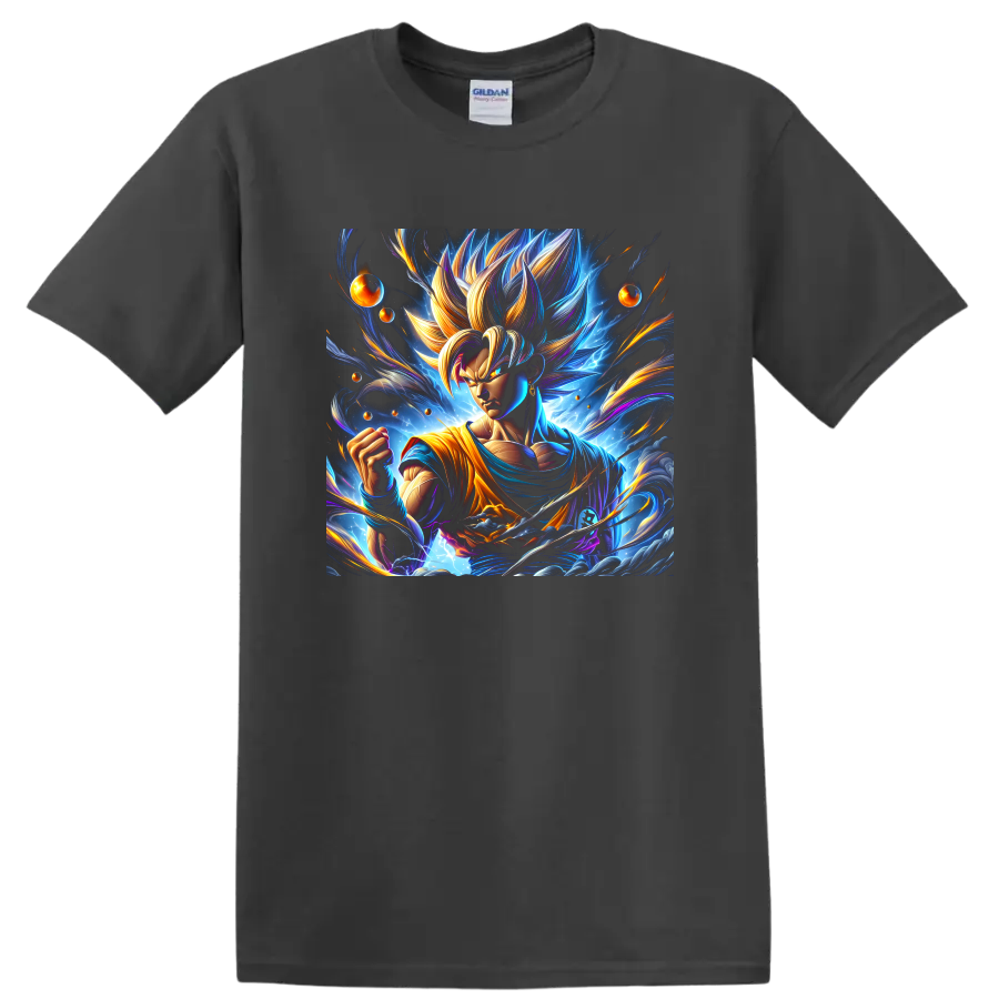 Goku Ultra Instinct-inspired cosmic anime fighter graphic with glowing energy trails on a Charcoal T Shirt