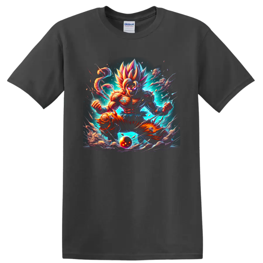 Goku cosmic battle artwork with multicolored spiked hair and glowing energy on a Charcoal T Shirt