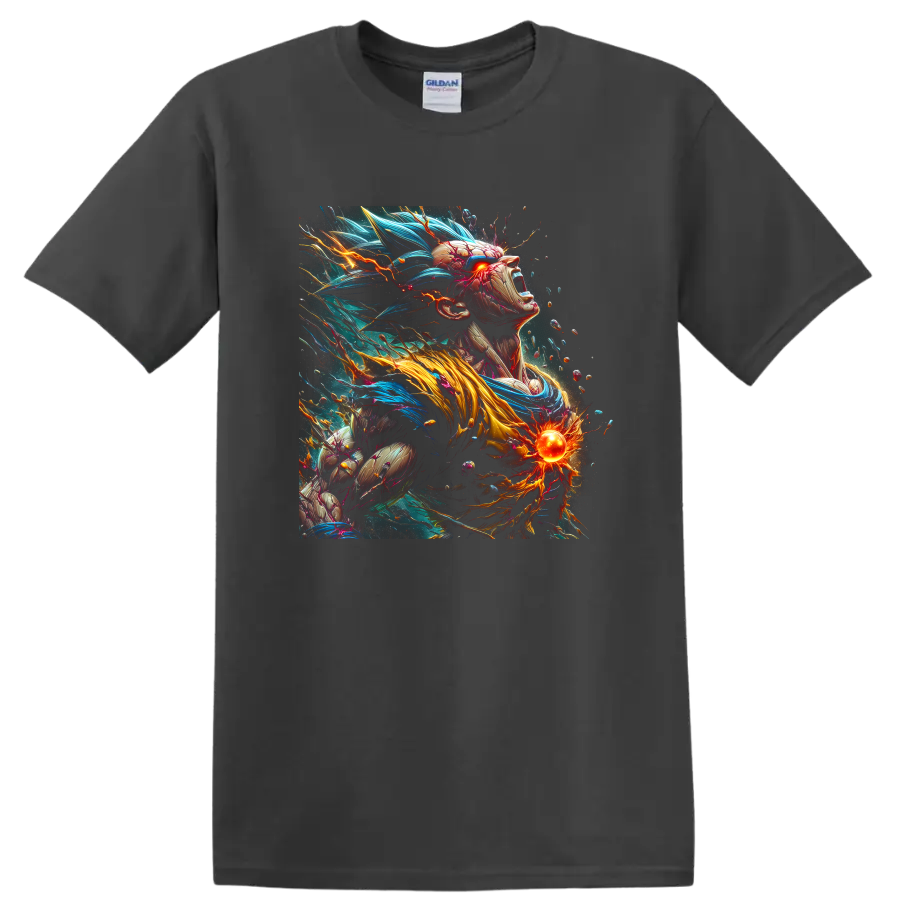 Goku Ultra Instinct anime warrior with blue energy hair and glowing power orb on a Charcoal T Shirt