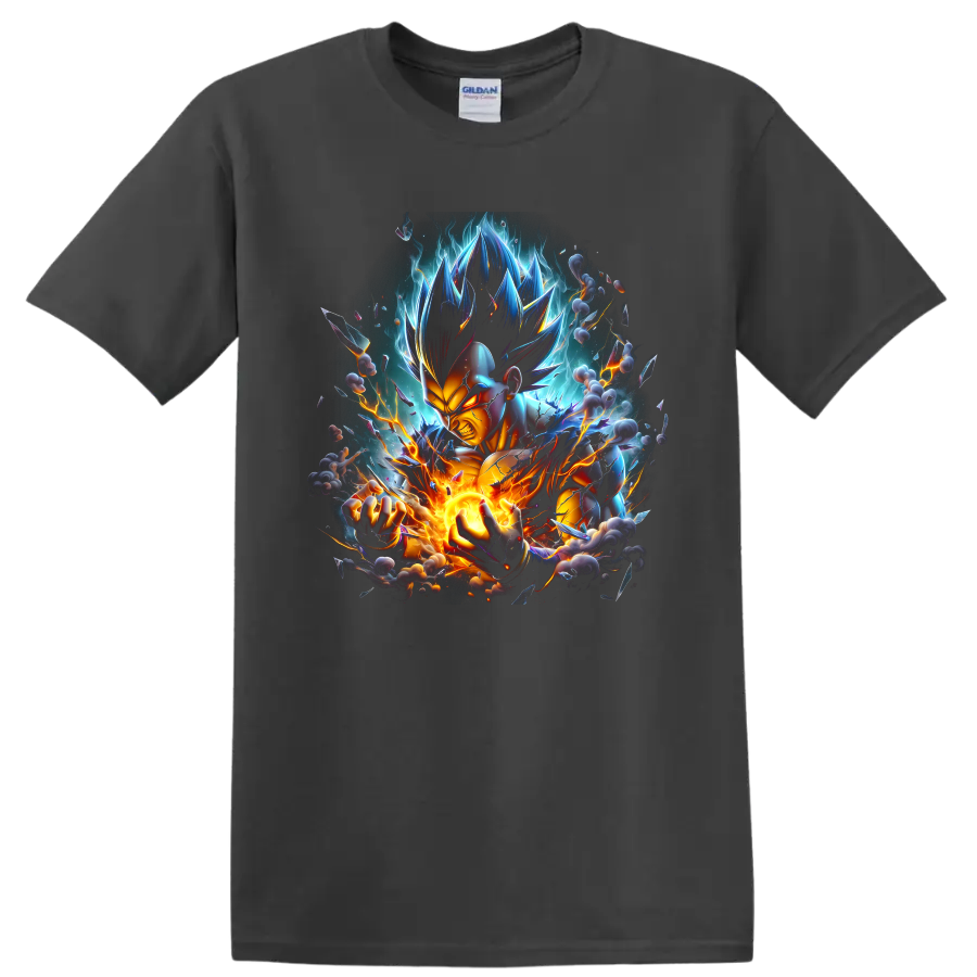 Vegeta Ultra Ego anime fighter with glowing energy blast, lightning, and cosmic aura on a Charcoal T Shirt