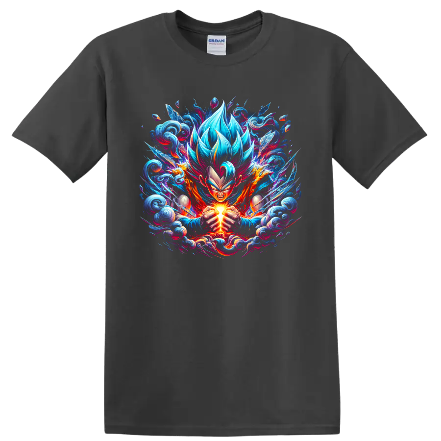 Goku Super Saiyan Blue anime warrior charging a glowing energy burst on a Charcoal T Shirt