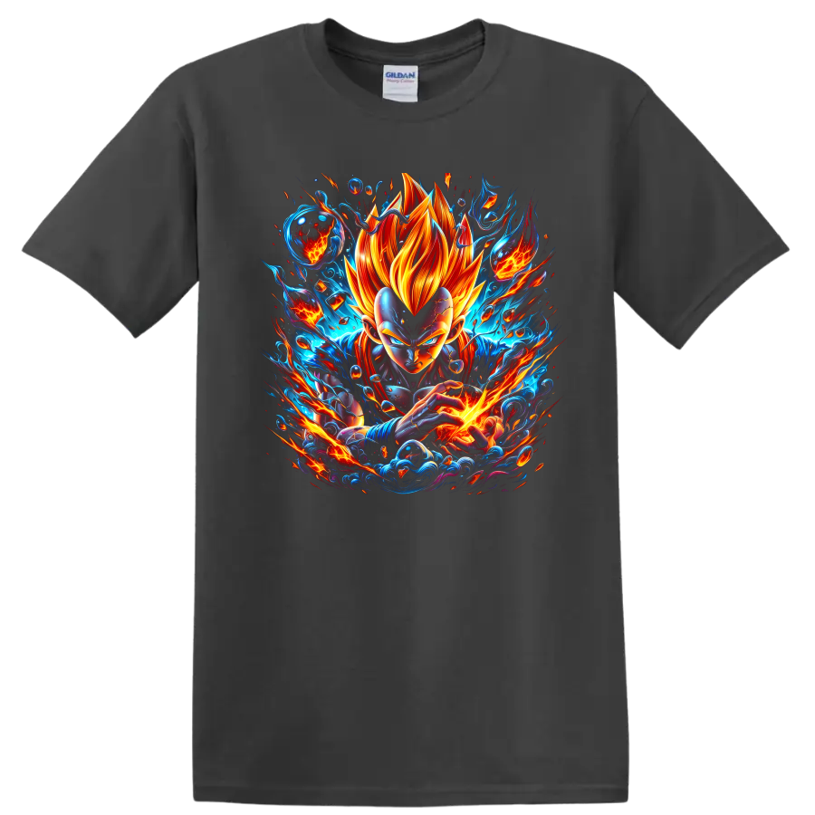 Vegeta Super Saiyan God anime graphic with fiery energy and explosive action effects on a Charcoal T Shirt