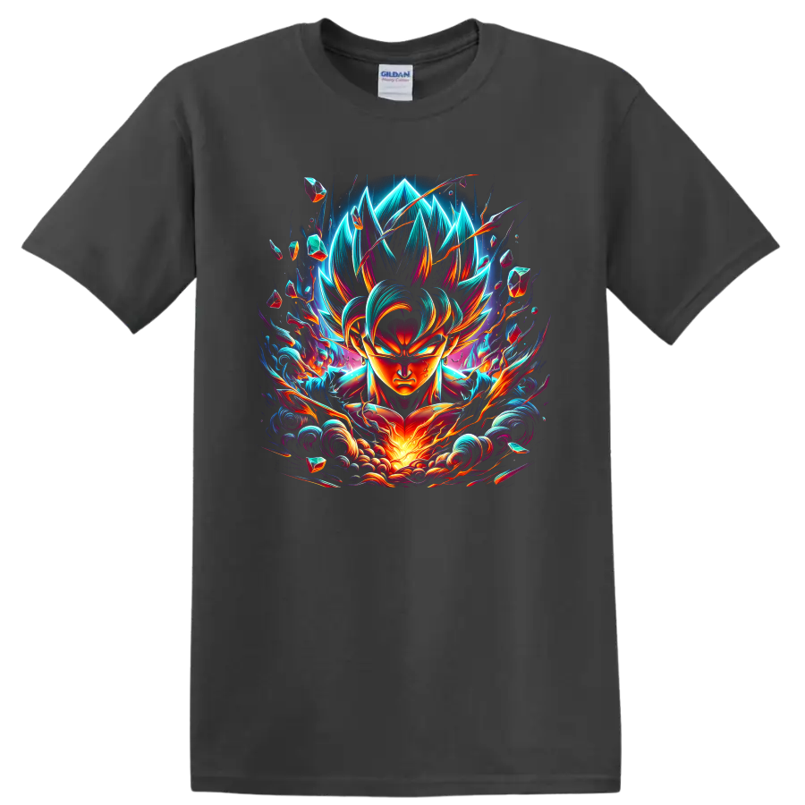 Goku Ultra Instinct neon anime warrior graphic with swirling energy and crystal fragments on a Charcoal T Shirt