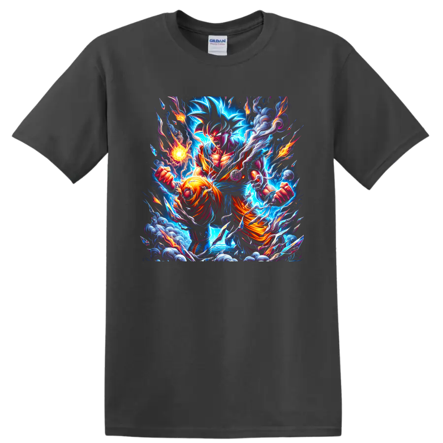 Goku Mastered Ultra Instinct anime battle art with electric aura and flames on a Charcoal T Shirt