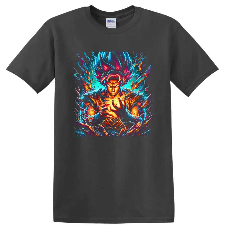 Goku Ultra Instinct-inspired neon energy warrior graphic print on a Charcoal T Shirt