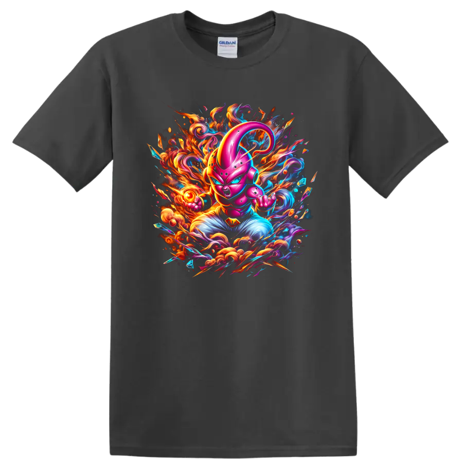 Majin Buu neon battle art with fiery energy swirls and crystal shards on a Charcoal T Shirt