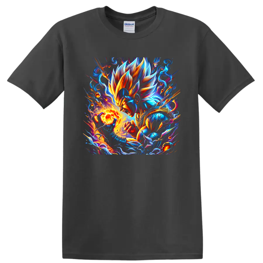 Vegeta anime warrior with blazing energy orb, electric blue flames, and cosmic swirls on a Charcoal T Shirt