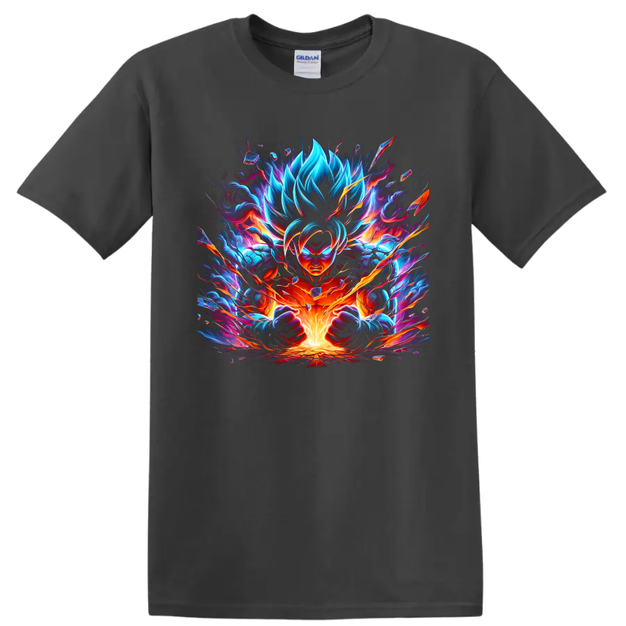 Goku Ultra Instinct with neon blue flames and orange energy burst digital art on a Charcoal T Shirt