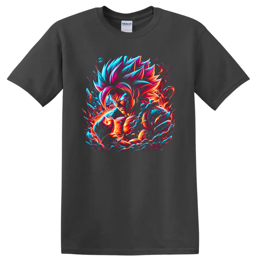 Goku Super Saiyan Blue neon anime warrior graphic with swirling energy on a Charcoal T Shirt