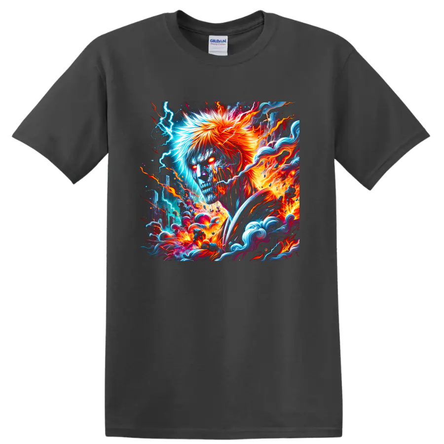 Ichigo Kurosaki fantasy warrior illustration with blue lightning, orange fire, and waves on a Charcoal T Shirt