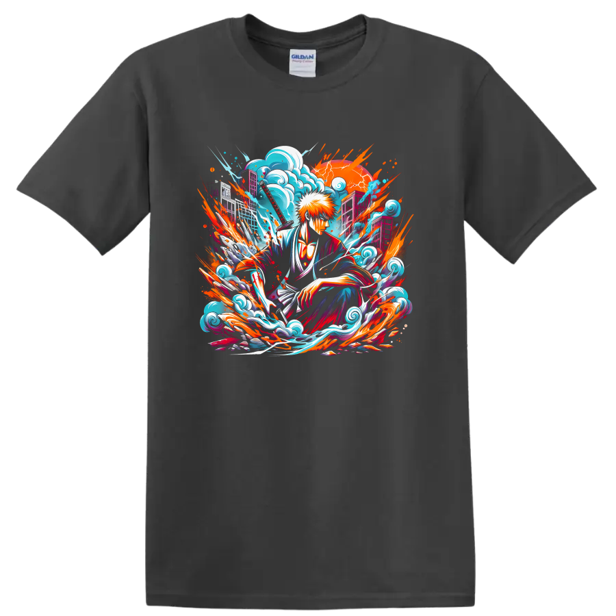 Ichigo Kurosaki with katana, turquoise waves, and orange anime action art on a Charcoal T Shirt