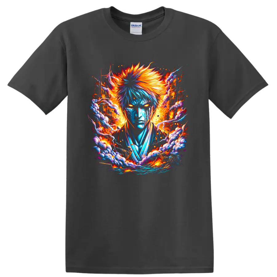 Ichigo Kurosaki fiery blue and orange fantasy warrior graphic print on a Charcoal T Shirt