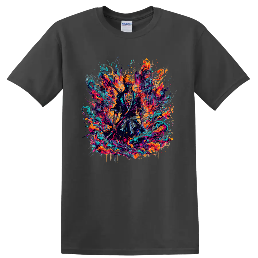 Ichigo Kurosaki neon fantasy warrior graphic with fiery energy and teal waves on a Charcoal T Shirt