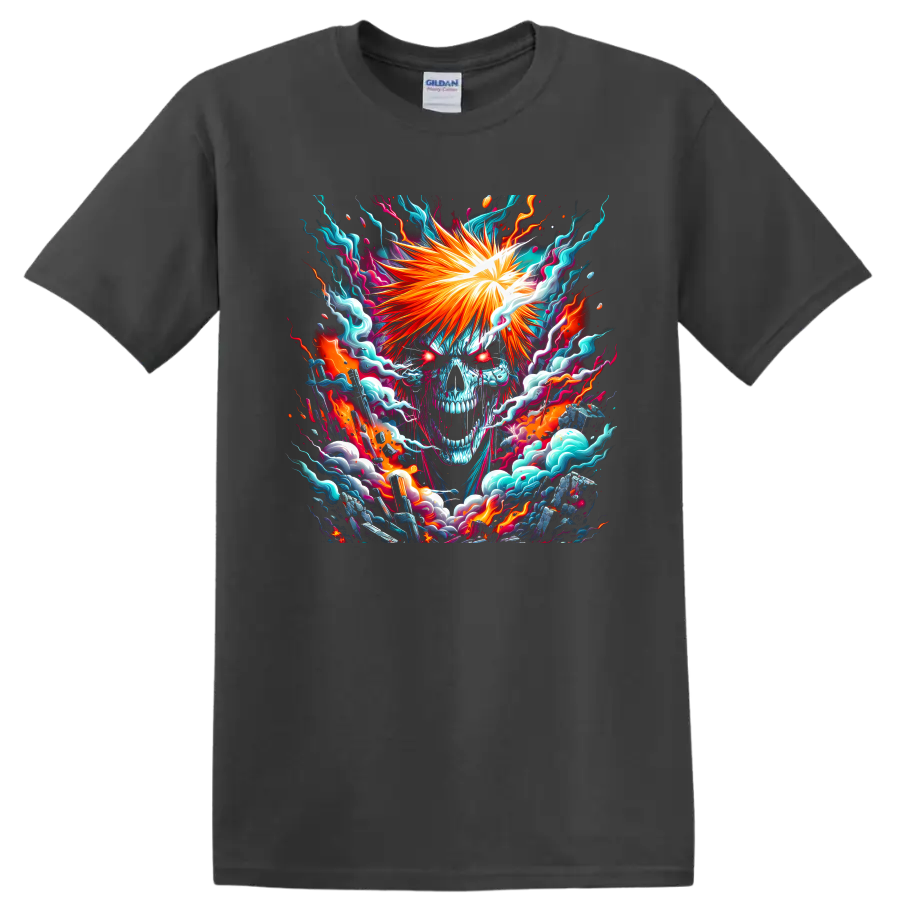Ichigo Kurosaki Hollow-inspired skull visage with fiery anime energy art on a Charcoal T Shirt
