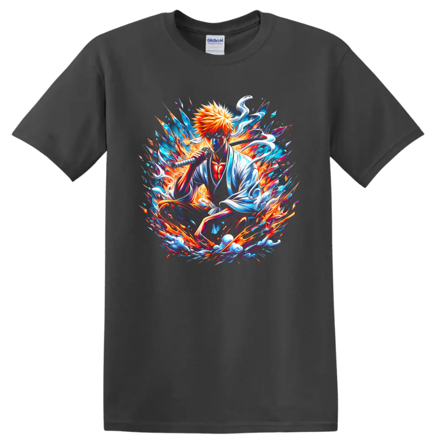 Ichigo Kurosaki sword-wielding anime art with explosive blue and orange energy on a Charcoal T Shirt