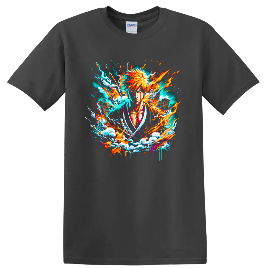 Ichigo Kurosaki anime graphic with fiery energy bursts and stylized turquoise waves on a Charcoal T Shirt