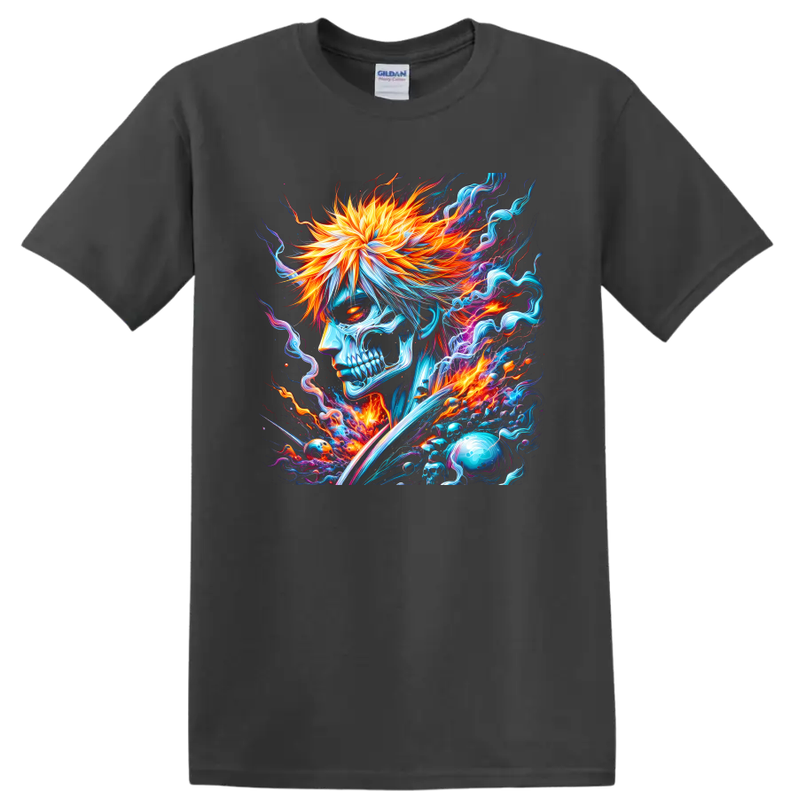 Ichigo Kurosaki skull warrior with flaming hair, sword, and neon energy on a Charcoal T Shirt