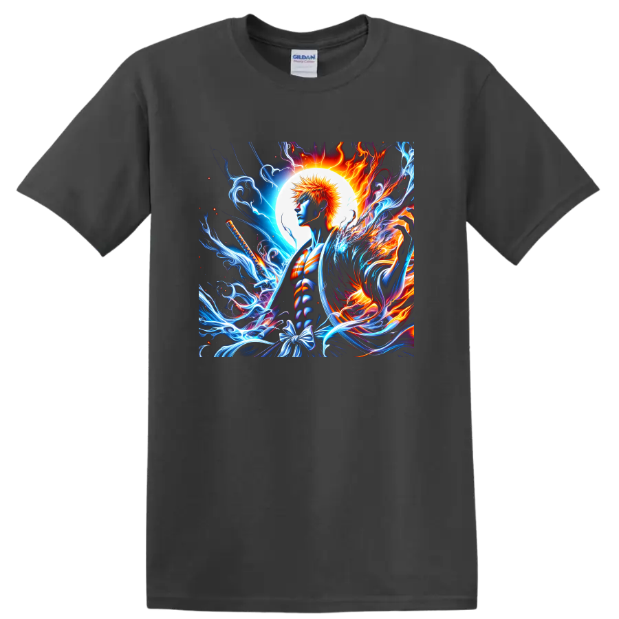 Ichigo Kurosaki anime art with a sword, glowing moon, blue energy and fire on a Charcoal T Shirt