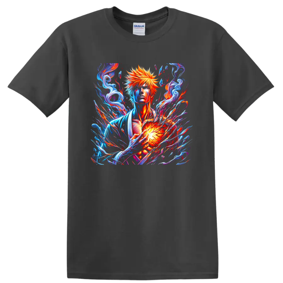 Ichigo Kurosaki fiery energy fantasy art with swirling blue and red effects on a Charcoal T Shirt
