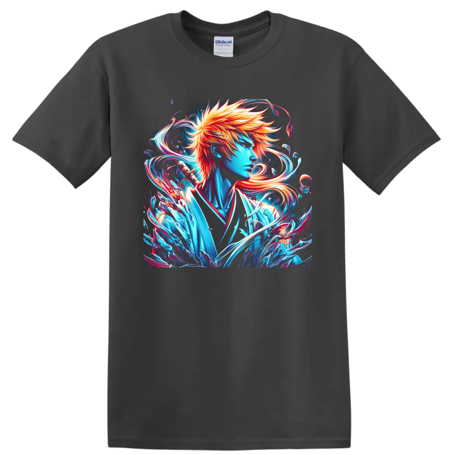 Ichigo Kurosaki neon anime portrait with fiery hair and swirling energy on a Charcoal T Shirt