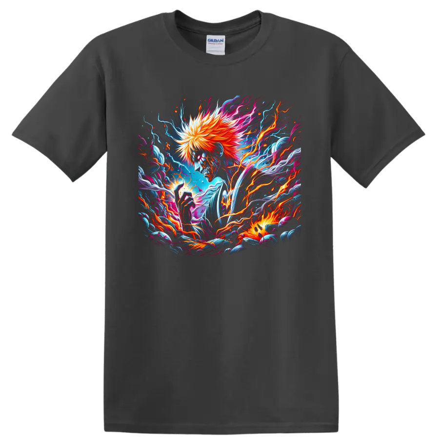 Ichigo Kurosaki skull-like portrait with fiery hair and neon electric anime art on a Charcoal T Shirt