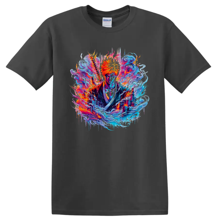 Ichigo Kurosaki with fiery sword in neon waves and city fantasy art on a Charcoal T Shirt