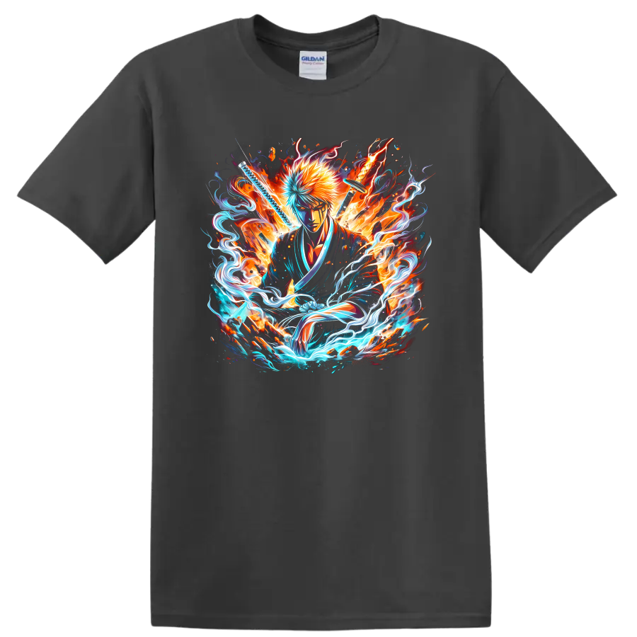 Ichigo Kurosaki Bleach-style swordsman art with fiery and electric energy on a Charcoal T Shirt