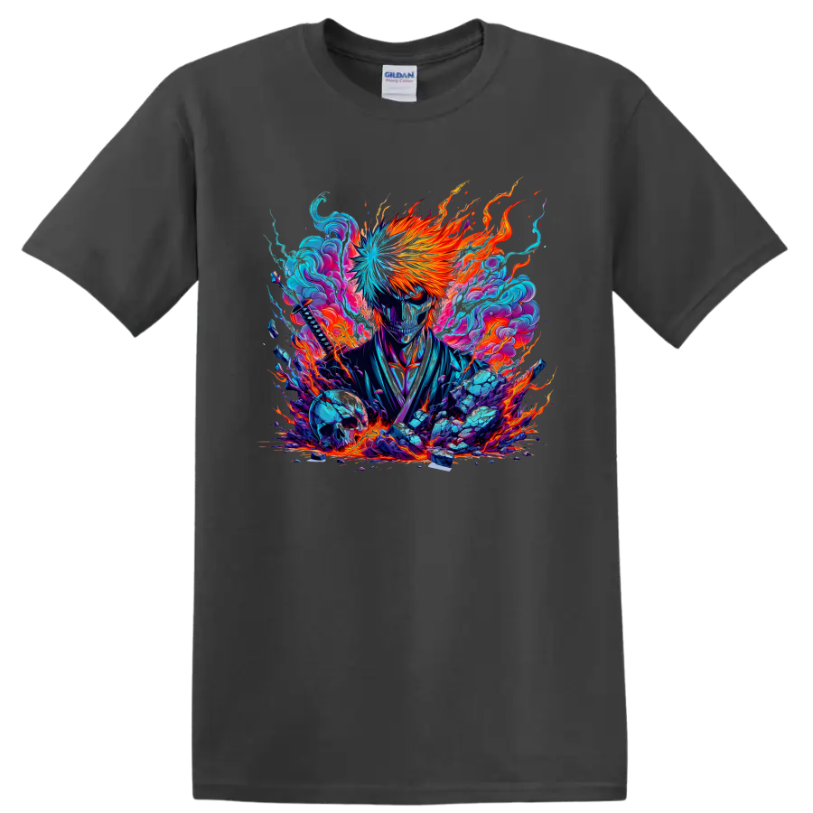 Ichigo Kurosaki Bankai-inspired masked warrior with fiery energy anime graphic on a Charcoal T Shirt
