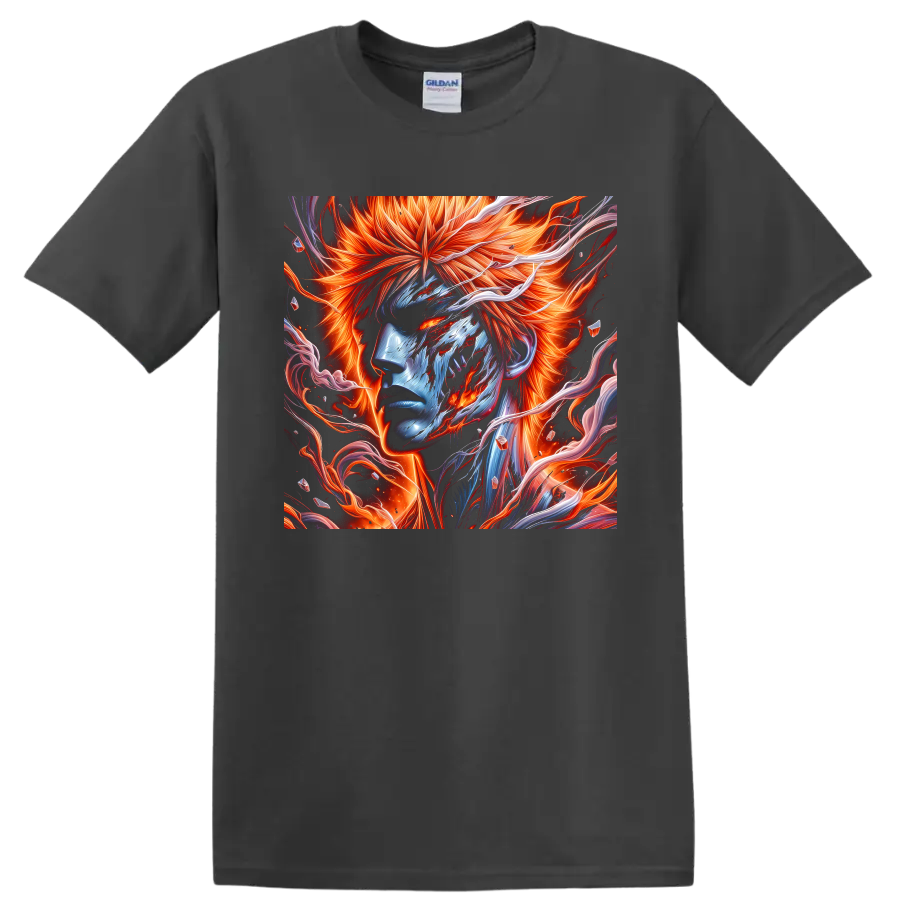 Ichigo Kurosaki fiery orange and blue anime portrait with swirling energy ribbons on a Charcoal T Shirt