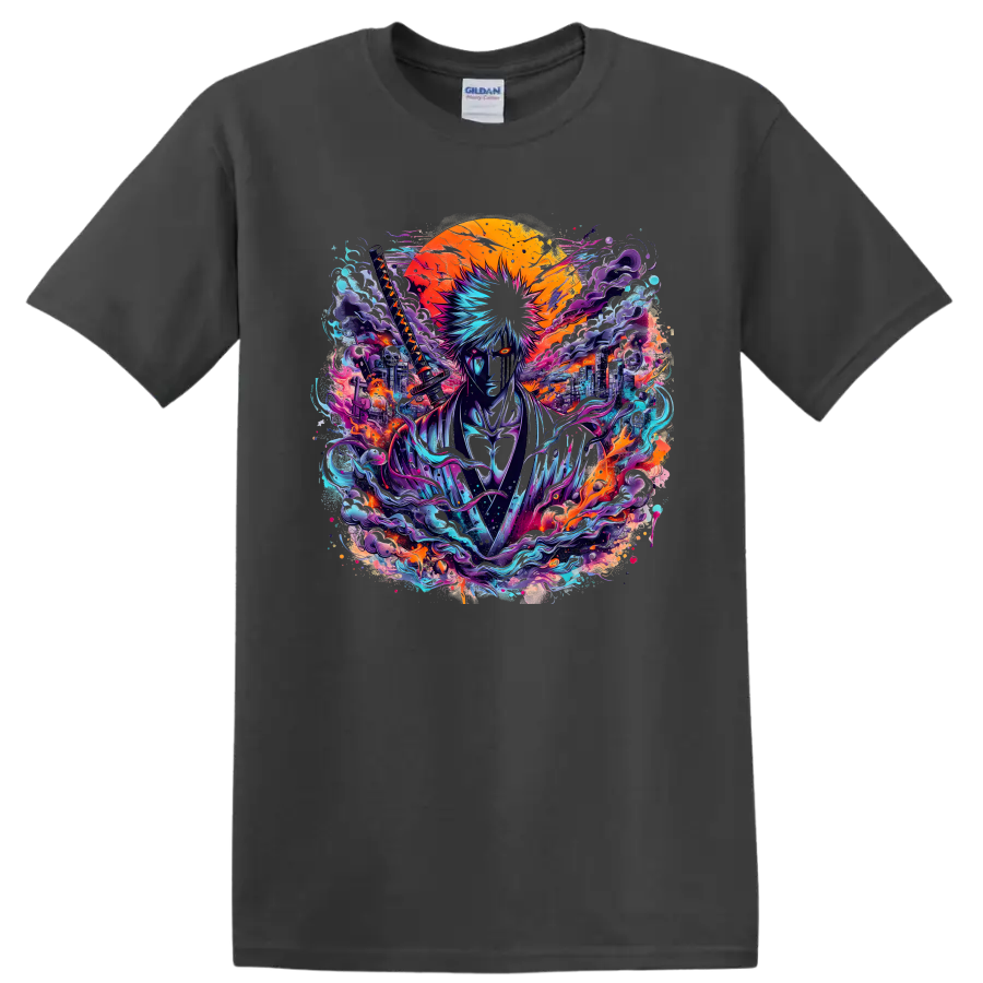 Hollow Ichigo neon katana warrior anime graphic with blazing sun and cityscape on a Charcoal T Shirt