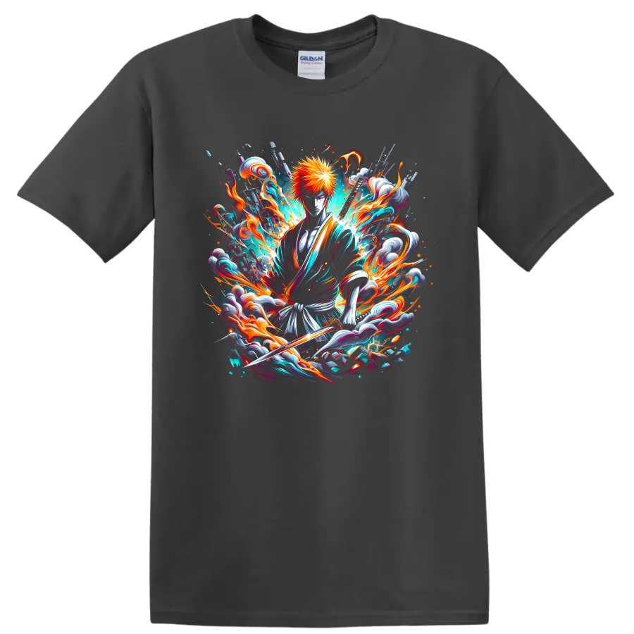 Ichigo Kurosaki Soul Reaper with sword in fiery teal anime splash art on a Charcoal T Shirt