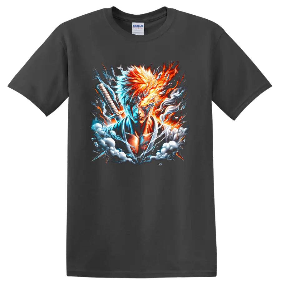 Ichigo Kurosaki sword warrior in fiery orange and icy blue energy graphic art on a Charcoal T Shirt