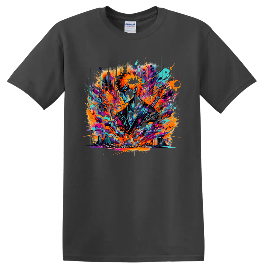 Ichigo Kurosaki in neon abstract graffiti-style Soul Reaper artwork on a Charcoal T Shirt