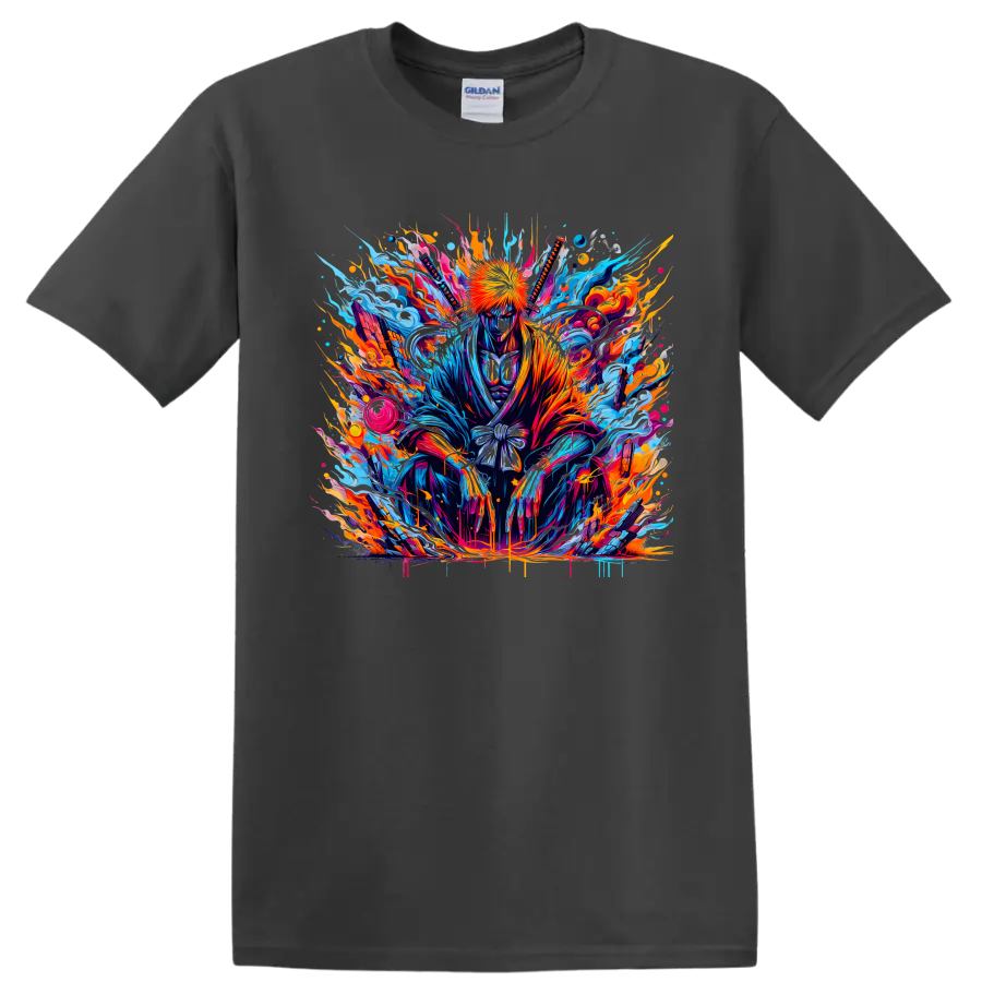 Ichigo Kurosaki neon splash-art warrior graphic with blue energy and orange flames on a Charcoal T Shirt